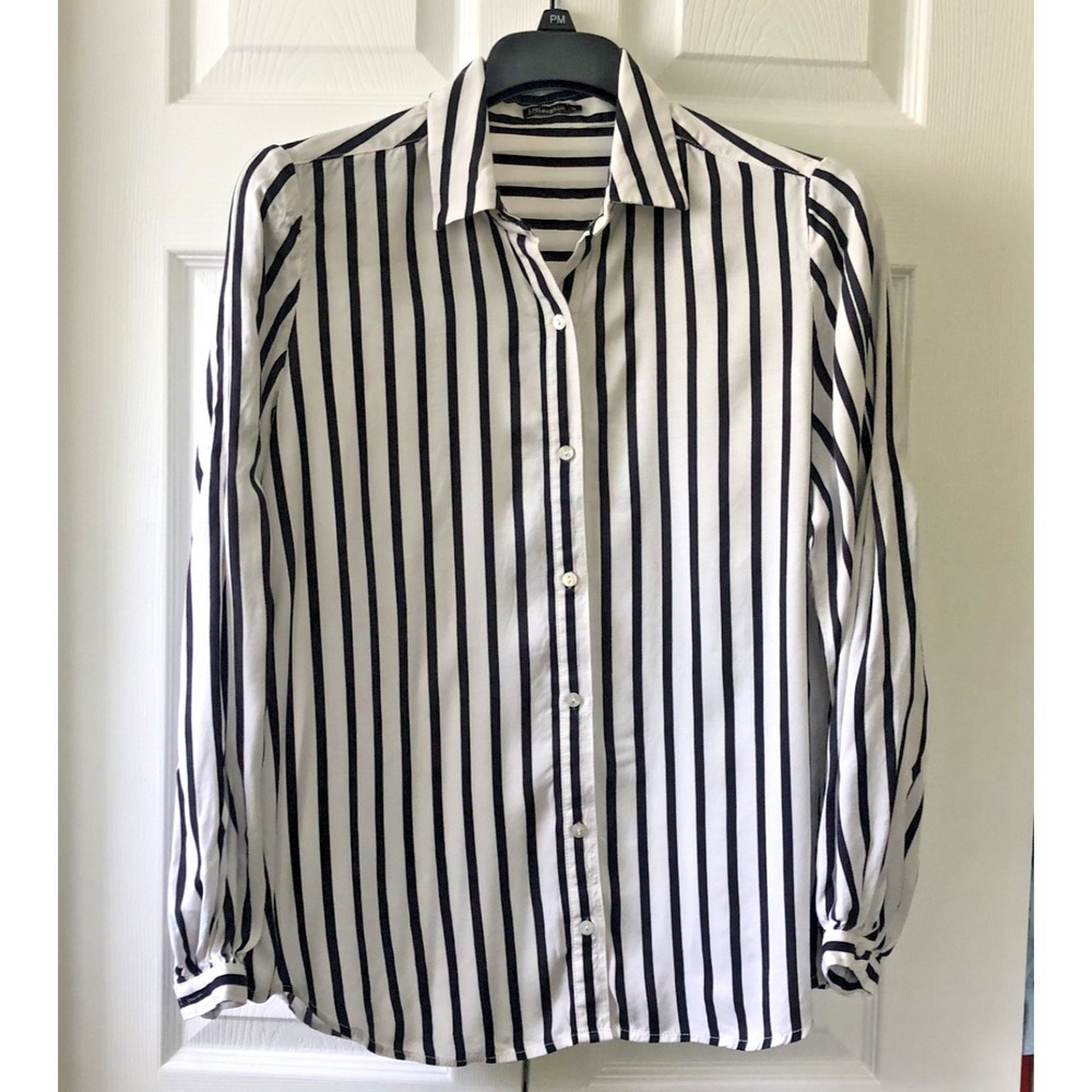 J McLaughlin Women Med Striped Button Front Blouse Pleated Sleeve Preppy Classic
